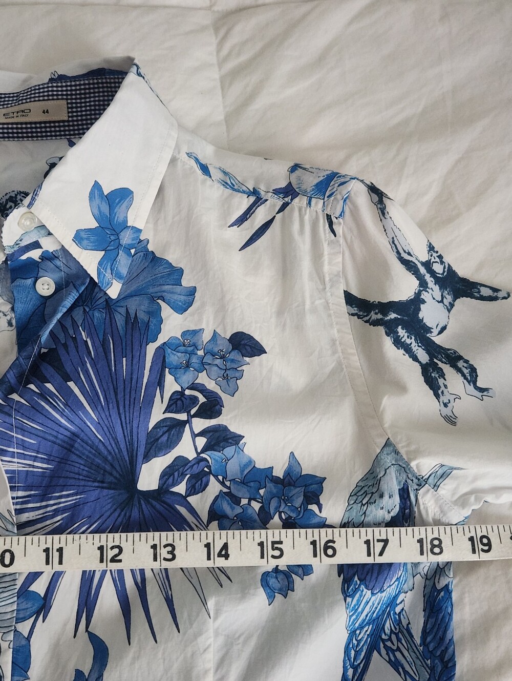 etro blouse Shirt Womens 44 Long Sleeve Tropical Print Blue White - Picture 6 of 7